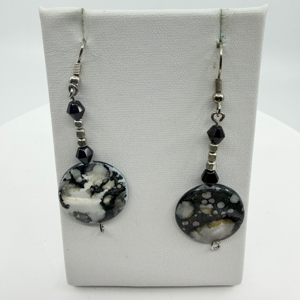 Black White Speckled Stone Dangle Earrings Gothic Boho Statement Jewelry - Picture 7 of 9